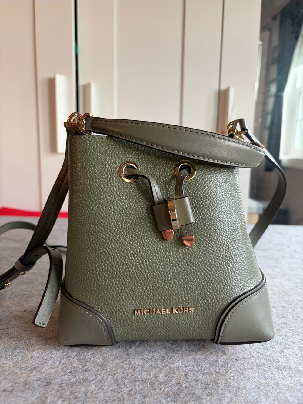 Michael Kors Mini Bucket Bag Olive Green Pebbled Leather Crossbody Gold Hardware